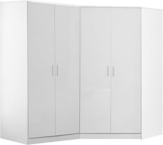 Reflect 2 Piece Bedroom Furniture Bundle - 2 Door CORNER + Double PLAIN Wardrobe (H: 180cm x W: 103cm x D: 179cm) (White Gloss/Matt White)