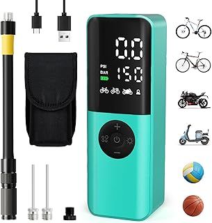 Electric Bike Pump, 150Psi Portable Bicycle Tire with Digital Pressure Gauge for E-Bike, Motorcycle with Presta, Schrader, Dunlop Valve Accessories