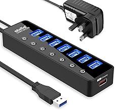 Powered USB 3.0 Hub 20W, 7 Multi USB Data Ports Hub splitter with Individual On/Off Switches+1 USB Smart Charging port with 5V/4A Power Adapter USB Extension for MacBook, Mac Pro and More.