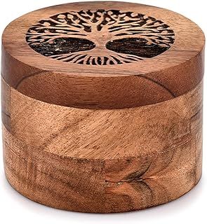 Samhita Handmade Acacia Wood Urn for Human Ashes, Tree of Life Wooden Box Urns for Ashes - Cremation Pet Urns for Dogs Ashes, Urn for Ashes (8.89cm x 8.89cm x 6.35cm)