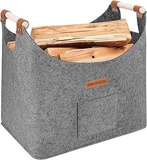 XL Firewood Basket Felt Basket Extra Thick Felt and Reinforced Handle Foldable Wood Basket Felt Bag as Storage Basket for Shopping, Wood, Newspaper or Firewood (Grey)