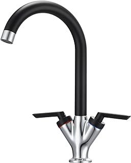 Black and Chrome Kitchen Tap Dual Lever Kitchen Taps Mixer Monobloc Sink Mixer Taps 1 Hole Brass Swan Twin Lever Black and Silver Mixers Tap