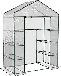 Outsunny Walk in Greenhouse with 4-Tier 8 Shelves, Green House with Hemmed Cover, Roll-up Zipped Door, Steel Frame, 143 x 73 x 195cm