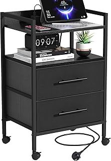MIKIICOCO Bedside Table with Charging Station, Nightstand with 2 Outlets and 2 USB Ports, Sofa Side Table with 4 Castors and Fabric Drawers for Bedroom
