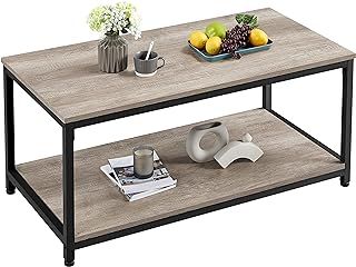 Yaheetech Industrial Coffee Table for Living Room, Large Side Table with Metal Leg and Storage Shelf, Grey, 100x50x45cm