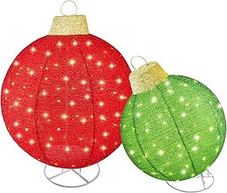 HOYECHI 2pc Lighted Pop-Up Outdoor Christmas Ornament Set – Holiday Ball Decorations with 200 LED Lights, 8 Lighting Modes, for Yard & Outdoor Christmas Decor - Red/Green