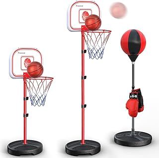 Hot Bee Kids Basketball Hoop, Portable Basketball Stand, Inflatable Punching Bag, Adjustable Height Basketball Hoop, Punch Ball Outdoor Indoor Games for Kids Boxing Bag Toys for Boys Age 5+