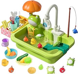 cute stone Play Sink with Running Warm Water, Kitchen Sink Toys with Upgraded Electric Faucet, Play Kitchen Toy Accessories, Pool Floating Fishing Toys for Water Play, Kids Role Play Dishwasher Toy