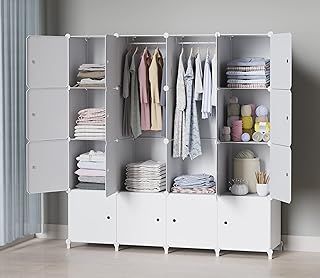 Portable Wardrobe Foldable Closet with 16 Compartments, Combination Armoire Modular Cabinet Clothes Storage Organizer Shelf with Clothes Hanging Rails for Bedroom