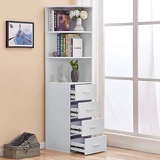 Utility 3-Tier Shelves & 4 Drawers Corner Cabinet White for Living Room/Bedroom, Bathroom Corner Storage Cabinet, Cupboard Sideboard for Living Room, Tall & Slim Shelving Unit Cabinet