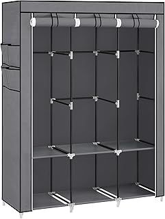 SONGMICS Clothes Wardrobe, Portable Closet with Cover, 130 x 45 x 167 cm, 3 Hanging Rails, Shelves, 4 Side Pockets, Large Capacity for Bedroom, Living Room, Grey RYG092G02