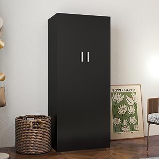 2 Door Double Wardrobe for Small Bedroom Bedroom Furniture Robe with Hanging Rail, 72 x 49 x 169 cm (Black)