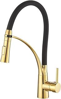 Pull Down Kitchen Sink Mixer Tap with Dual Function Sprayer, Single Lever Swivel Spout Kitchen Taps with Black Silicone Hose, Available Gold Finish Solid Brass
