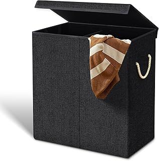FB FunkyBuys 142 L Double Laundry Basket with Lid, Laundry Hamper Basket with Handles for Dirty Clothes, Laundry Bin Storage for Bedroom, Bathroom Storage (2 Compartment, Black)