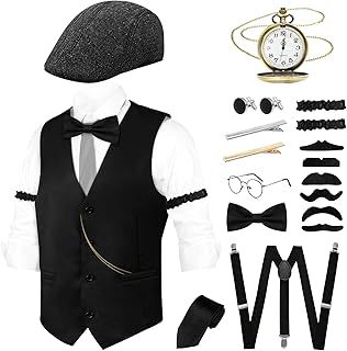 1920S Mens Roaring 20s Costume Outfit Gatsby Gangster Vest Fedora Hat Pocket Watch Suspenders Bow Tie Mustache Armbands Glasses Accessories