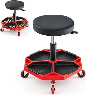 COSTWAY Rolling Mechanic Stool, Height Adjustable Swivel Pneumatic Roller Creeper Seat with Wheels & Tool Tray, 150kg Capacity Garage Workshop Padded Chair (Black+Red)