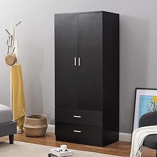 2 Door 2 Drawer Wardrobe with Hanging Rail Wooden Clothes Organizer Storage Cupboards Unit for Bedroom Furniture W 76.8 * D 50 * H 180cm (Black)