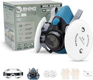 RHINO Smart Solutions Reusable Gas Mask for Dust and Fumes : Paint Mask with P3R Filter, Gloves, Protective Goggles DIY, Sanding, Construction, Dustproofing