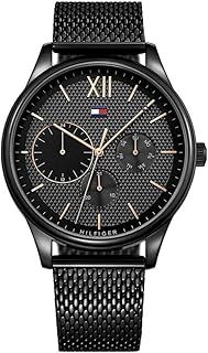 Tommy Hilfiger Men's 44mm Multifunction Quartz Watch - Black Dial with Clou de Paris Pattern, Black Stainless Steel Mesh Bracelet, 5ATM Water Resistant - 1791420