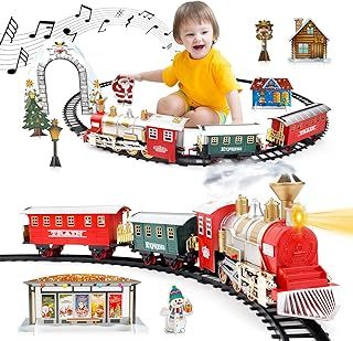 13 Piece Classic Toy Train Set for Kids with Headlight, Smoke, Realistic Sounds, 3 Car Carriage and 11 Feet Track – Great Accessory for Kids and Christmas Decoration (RED or GREEN)