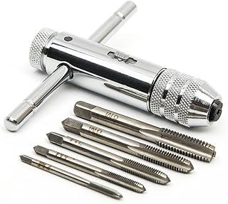 Adjustable Silver T-Handle Ratchet Tap Holder Wrench with 5pcs M3-M8 3mm-8mm Machine Screw Thread Metric Plug T-Shaped Tap