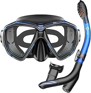 Snorkel Set Anti-Fog Snorkeling Diving Mask with Upgraded Free Breathing Tubes Anti-Leak Dry Top Snorkel for Adult and Youth Black&Blue