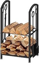 AMOS Firewood Stand Log Rack Holder with 4 Piece Fireplace Tools Set Black with Removable Kindling Holder.For Indoor and Outdoor use,Black