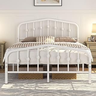 Yaheetech 4ft6 Double Bed Frames Metal slatted Bed Base with Crown-inspired Design Headboard/Spacious Under-bed Storage White Double Bed