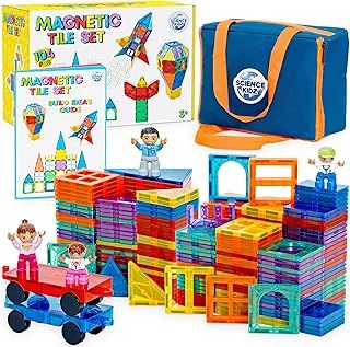 Magnetic Tiles - 100 Piece Set + 4 Play Figures + Storage Bag - Building Blocks For Kids - Educational STEM Toys For 3-7 Year Olds - Magnetic Shapes