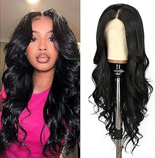 SOMIARIK 13x4 Natural Black long wavy Synthetic Lace front wig for Women Curly Wavy Glueless Wigs Pre plucked Bleached Knots Party Daily Wear Cosplay Halloween Heat Resistant 26 Inch