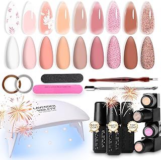 Lavender Violets Gel Nail Polish Kit Jelly Colors Semi-transparent,Portable LED Nail Lamp Dryer UV Nude Pink Clear Glitter Base/Matte/Glossy Top Coat Nail File Sticker Manicure Tool Gift for Women