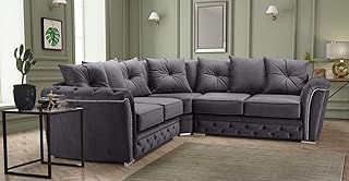Luxury Chesterfield Dark Grey Plush Fabric 5 Seater Corner sofa Settee - Cheap Large 2C2 Suites & Couches for Living Rooms-101 (Dark Grey Plush)