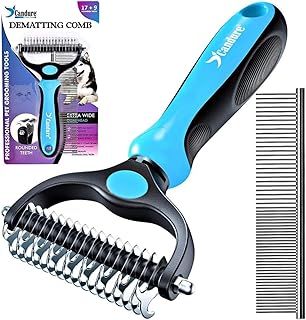 Candure Dematting Comb for Dog and Cat, Pet Grooming Rake and Brushes for Small, Medium & Large Dogs 17+9 Double Sided Deshedding Tool Removes Knots and Tangled Hair (Blue)