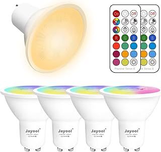 Jayool GU10 LED Light Bulbs, Dimmable 5W Colour Changing Spot Light with Remote, RGB + Warm White, Timer (Pack of 4)