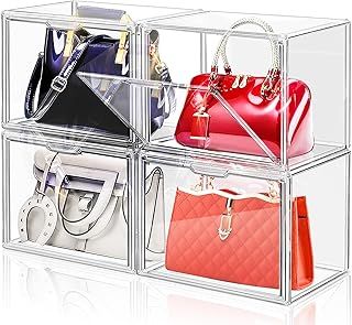 4 Packs Clear Plastic Handbag Storage, Acrylic Display Case for Purse and Handbag, Stackable Storage Boxes Bag Organizer with Magnetic Door for Clutch Wallet Toys Hats
