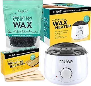 Mylee Professional Waxing Kit with Wax Heater, Hard Wax Beads 500g, Spatulas - Stripless Depilatory Waxing Pellets Solid Film Beans No Strip Needed (Charcoal & Green Tea)