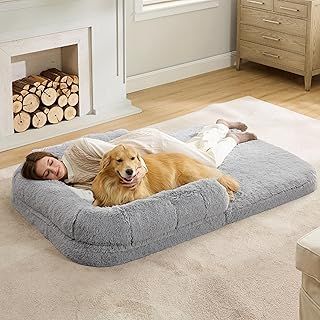 Bedsure Human Dog Bed for Adults - 2 in 1 Foldable Human Sized Giant Dog Bed Fits Pet Families with Egg Foam Supportive Mat and Waterproof Liner, Faux Fur Orthopedic Dog Sofa, 180x109cm, Light Grey