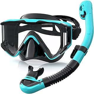 Snorkel Set Adults, 3 Window Panoramic View Snorkel Mask Anti-Fog, Leak-Proof Scuba Diving Mask with Mesh Bag, Dry Top Mask and Snorkel Set for Adult and Teen