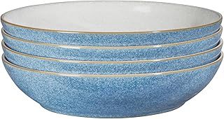Denby - Elements Blue Pasta Bowls Set of 4 - Dishwasher Microwave Safe Crockery 1050ml 22cm - Blue, White Ceramic Stoneware Tableware - Chip & Crack Resistant