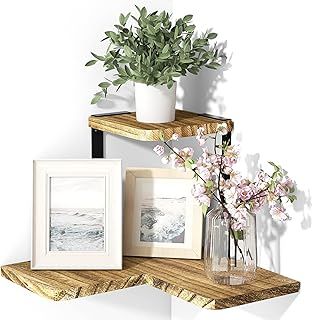 SRIWATANA Corner Shelves, 2 Tier Floating Shelves Wall Mounted, Rustic Wood Wall Shelves for Bedroom, Living Room, Bathroom, Kitchen, Office and more