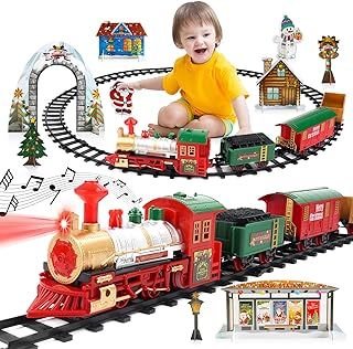 deAO Christmas Theme Classic Train Set for Kids with HeadLight, Realistic Sounds, 3 Cars carriage and Tracks, Best Gift For Christmas Décor Under the Christmas Tree!