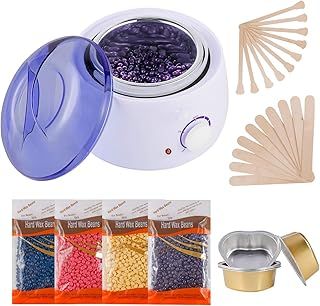 Hair Removal Waxing Kit Painless at Home Wax Heater Pot Wax Warmer with 4 Packs of Hard Wax Beads 20 Spatulas,5 Bowl, with Handle Pot , 500ml for Paraffin Soft Cream Wax
