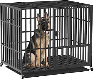 BingoPaw Heavy Duty Dog Crate: 42 inch Extra Large Pet Cage on Wheels with Tear Resistant Square Tube - Metal Military Puppy Cages with 2 Prevent Escape Lock and Tray Black XL (107x78x88.5cm)