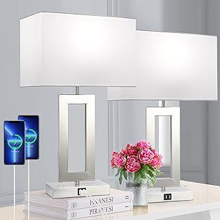 22'' Lamps for Bedrooms Set of 2, Touch Control Table Lamps with 2 USB Ports, 3-Way Dimmable Bedside Nightstand Lamps, Brushed Nickel &White Lamp for End Table Living Room Modern Contemporary