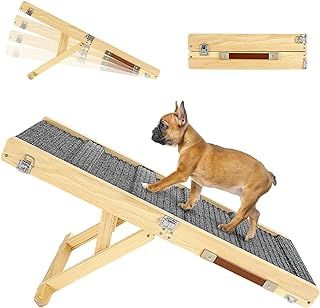 Pawaboo Folding Dog Ramp for Small Dog, Portable Wooden Pet Ramp for Bed, 4 Adjustable Height from 20cm to 45cm, Car Ramp for Small Dogs Cat with Non-slip Carpet, Use for Low Bed Couch