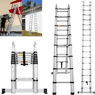 Telescopic Folding Ladder 5 Metre with Stabilizer, Aluminium Collapsible Ladders Extendable Loft Ladder, 2.5M+2.5M Multi Purpose A-Frame Extension Roof Ladder for Gutter Cleaning, Max Load 330lbs