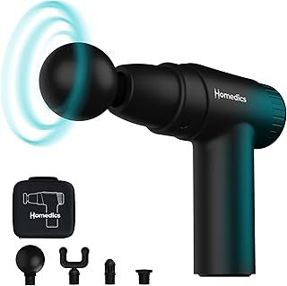 HoMedics NOVO Mini Massage Gun - Heated Electric Handheld Massagers with 4 Attachments & 6 Intensity Settings, Deep Tissue Vibrating Massager for Discomfort Relief, Percussion Massage - Black