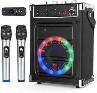 JYX Karaoke Machine with 2 UHF Wireless Microphones, Bass/Treble Bluetooth Speaker with LED Light, Support TWS, AUX In, FM, REC, Supply for Party/Adults/Kids