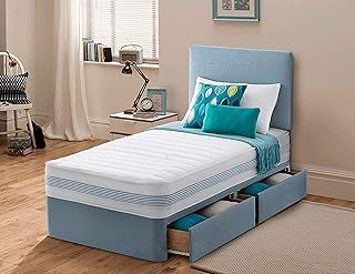Sleep Factory - 3FT Single Divan Bed with Mattress - 196cm x 91cm Adults or Kids Bed & Mattress Sets - Luxury Plush Single Mattress, Bed Base with Drawers & Headboard - 2 Drawers, Sky Blue