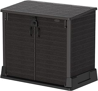 Duramax Cedargrain StoreAway 850L Plastic Garden Storage Shed - Outdoor Storage Shed, Wheelie bin box, Durable Construction, Ideal for Tools, BBQs & 2x 120L Garbage Bins, 130x74x110 cm, Dark Brown